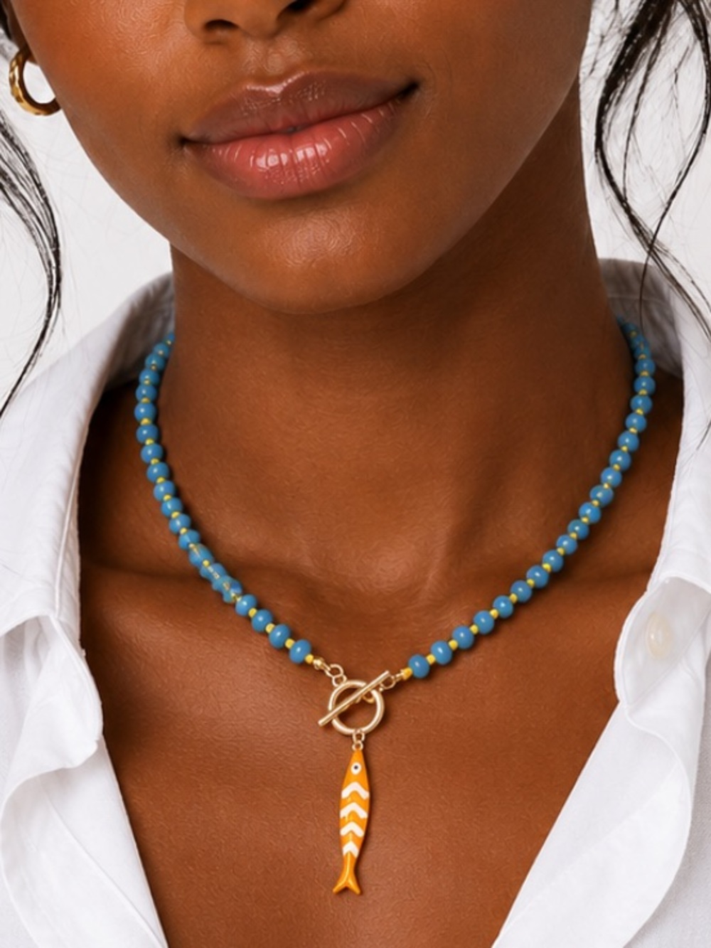 New! Coastal Preppy Blue Beaded Fish Sardine Necklace NWOT 5057